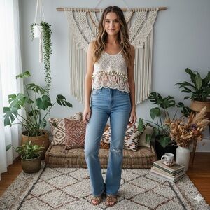 Knit Tank Top with Embellishments including Tassels and Beads. BOHO Cream